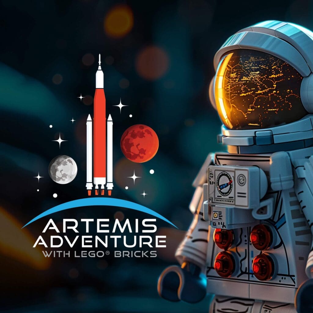 LEGO astronaut figure stands next to the Artemis Adventure logo featuring a rocket, moon, Mars, and stars on a dark background—perfect for any touring exhibition LEGO fans will love.