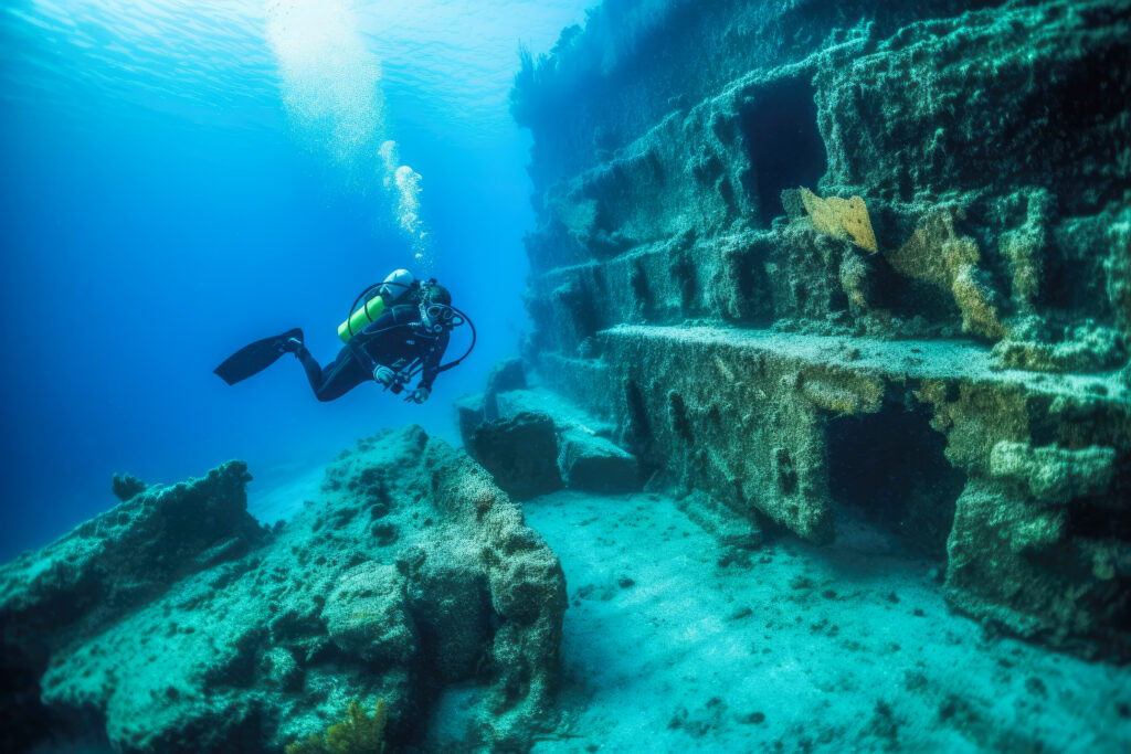 Underwater Archaeology - Maritime archeologist investigates ancient submerged ruins, unveils insights into the remnants of past civilization, illuminating the depths of history. Generative AI