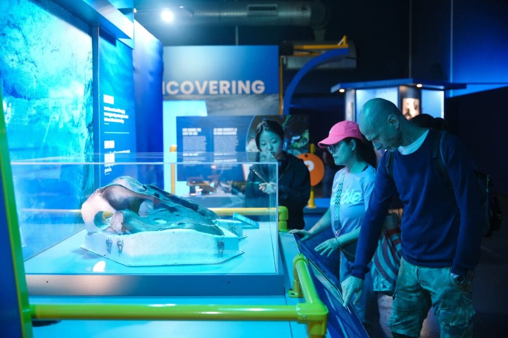 Several people observe a preserved marine animal specimen displayed in a glass case at the Mysteries from the Deep exhibition, featured by The Smithsonian, in a science or natural history museum. Particularly, the Intrepid Museum.