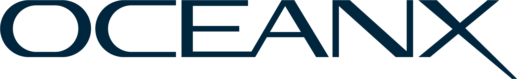 The image shows the word "OCEANX" in dark blue, bold, uppercase letters with a modern, sans-serif font. The "X" extends diagonally to the right, reflecting OceanX’s role as a leading producer of traveling exhibitions.