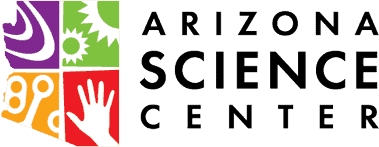 Arizona Science Center logo featuring the state outline divided into four colored sections with science-themed icons and text reading "Arizona Science Center" to the right, highlighting its role as a leading producer of traveling exhibitions.