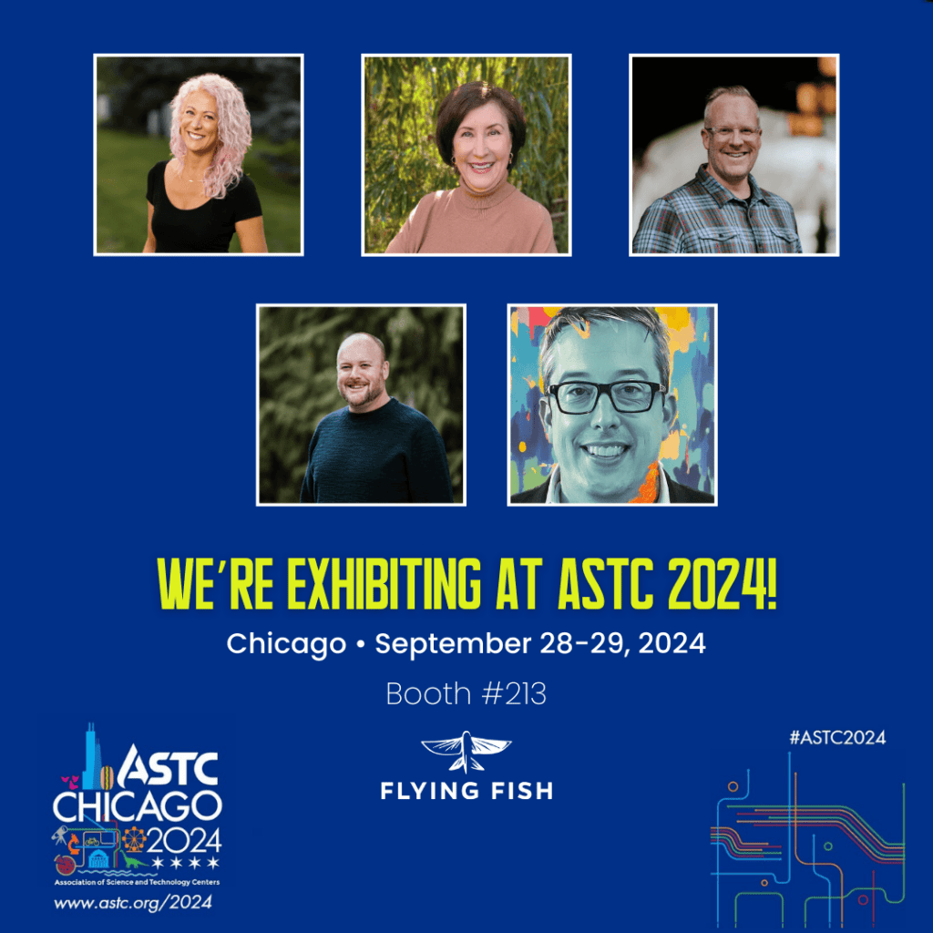 A collage of five people above text announcing Flying Fish exhibiting at ASTC 2024 in Chicago, September 28-29, at booth #213. Event and sponsor logos are at the bottom, alongside a catalog preview for visitors.