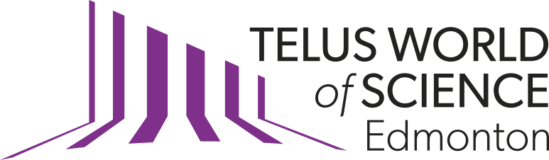 Logo for TELUS World of Science Edmonton, featuring five purple vertical bars forming an abstract building design next to the institution's name in black text, reflects the spirit of discovery shared by Flying Fish Traveling Exhibitions Who We Are.