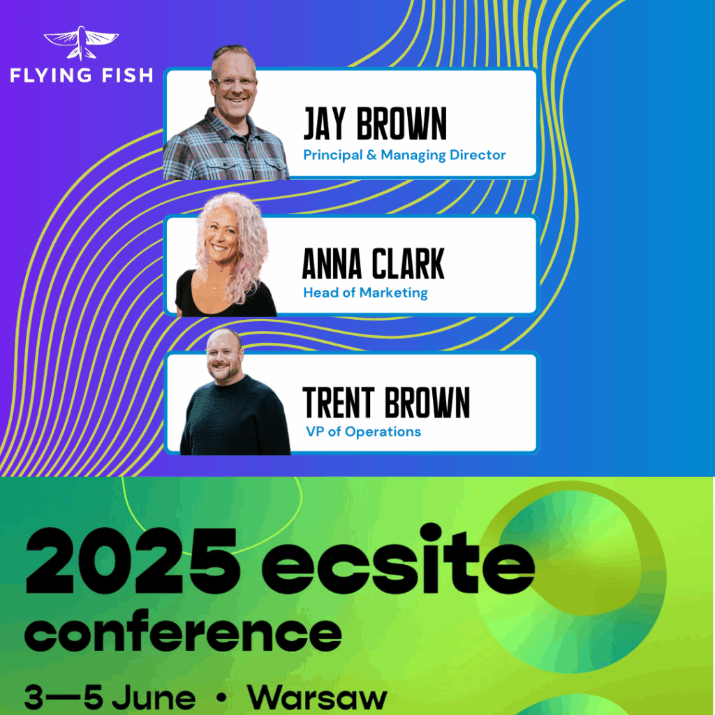 a styled marketing graphic portraying Jay Brown, Anna Clark, and Trent Brown of Flying Fish Exhibits as participants at the Ecsite 2025 conference