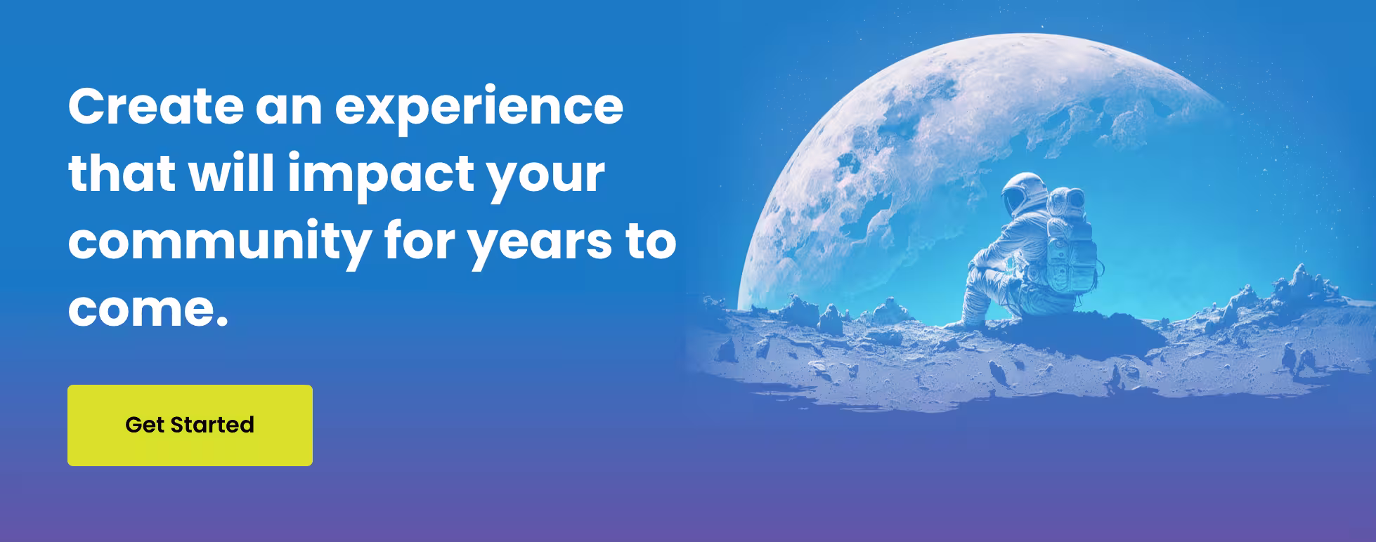 Flying Fish exhibition production banner showing an astronaut seated on a lunar surface gazing at the moon, with the text "Create an experience that will impact your community for years to come."