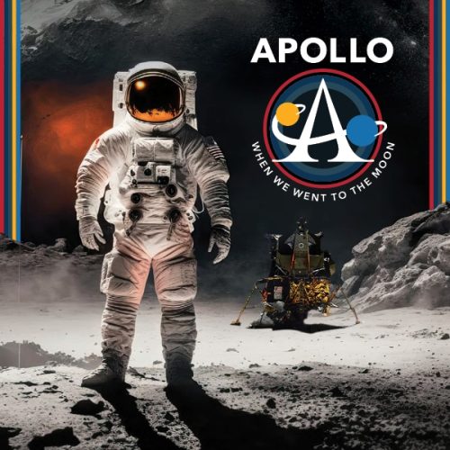 apollo when we went to the moon logo graphic for website, square, with astronaut standing imposingly to the left of the text
