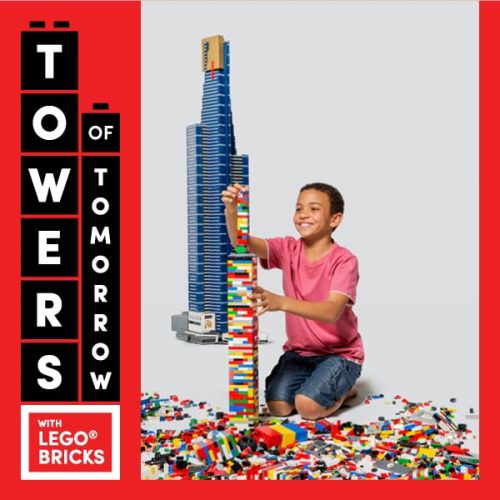 towers of tomorrow with lego bricks vertical hero graphic with an image of a kid building a tower out of lego bricks
